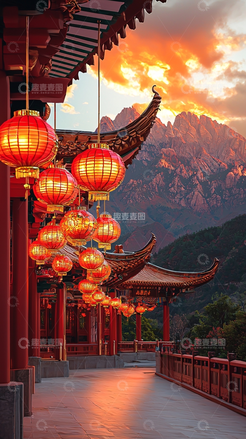 高清大图下载【趣麦麦图】灯笼点亮下的中式建筑