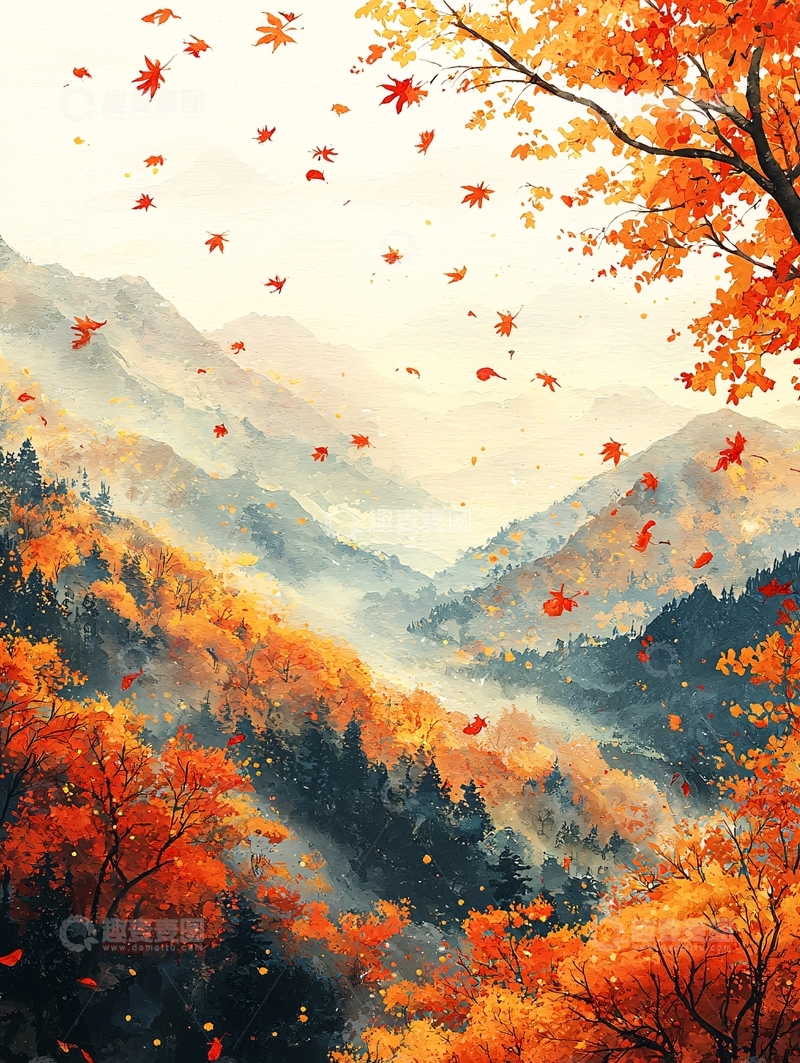 高清大图下载【趣麦麦图】秋日山间落叶飞舞