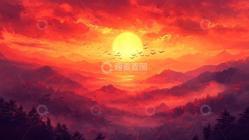 高清大图下载【趣麦麦图】山间日落群鸟飞翔