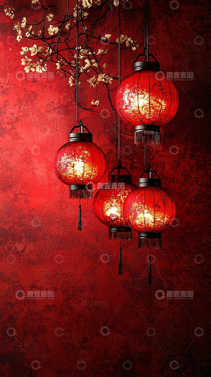 高清大图下载【趣麦麦图】喜庆的红色灯笼和梅花装饰