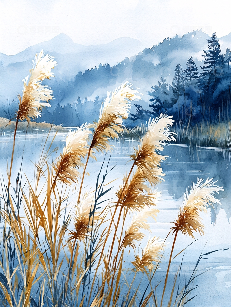 高清大图下载【趣麦麦图】芦苇荡的诗意水墨风景