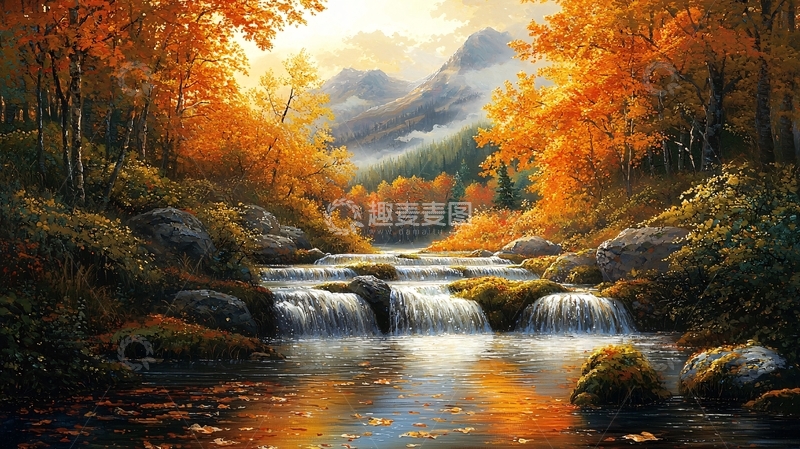 高清大图下载【趣麦麦图】秋日山林溪流瀑布