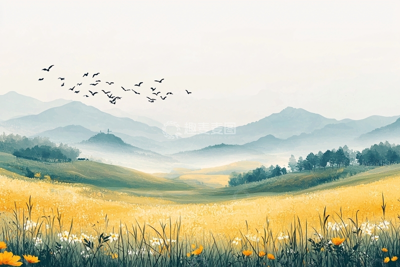 高清大图下载【趣麦麦图】水墨山水田园飞鸟