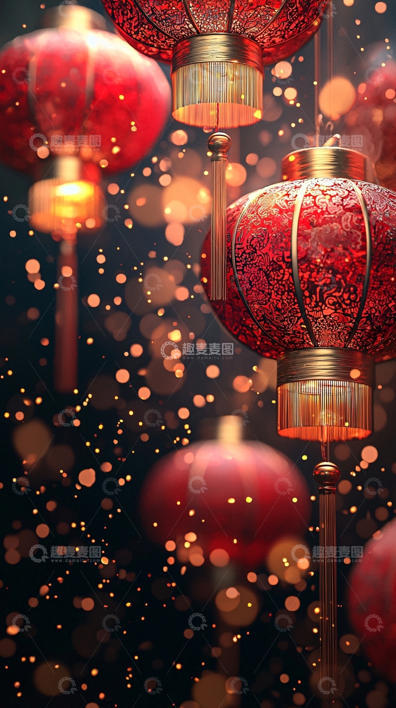 高清大图下载【趣麦麦图】红色灯笼在光晕中闪烁