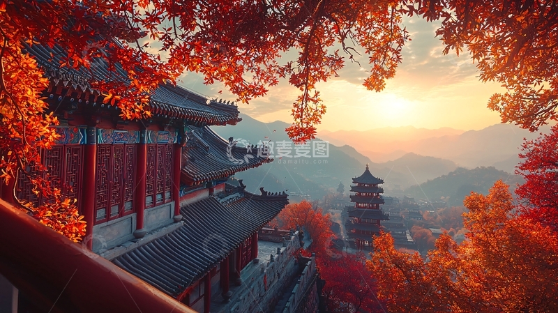 高清大图下载【趣麦麦图】秋日红叶古建筑山景