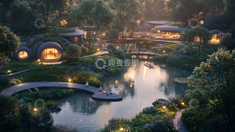 高清大图下载【趣麦麦图】森林环抱的湖边圆形房屋