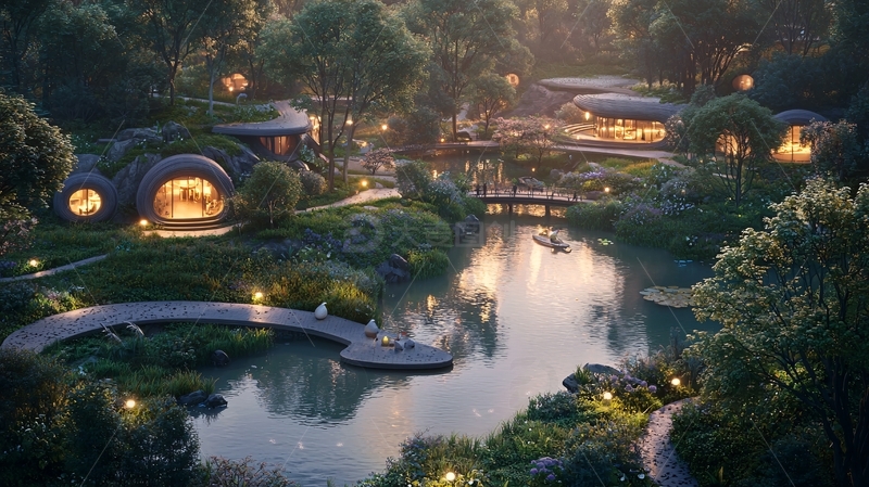 森林环抱的湖边圆形房屋