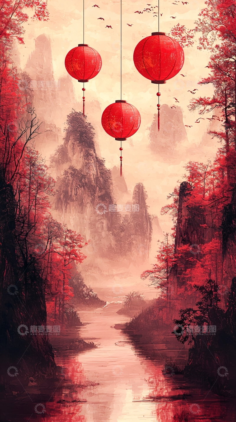 高清大图下载【趣麦麦图】红灯笼山水画