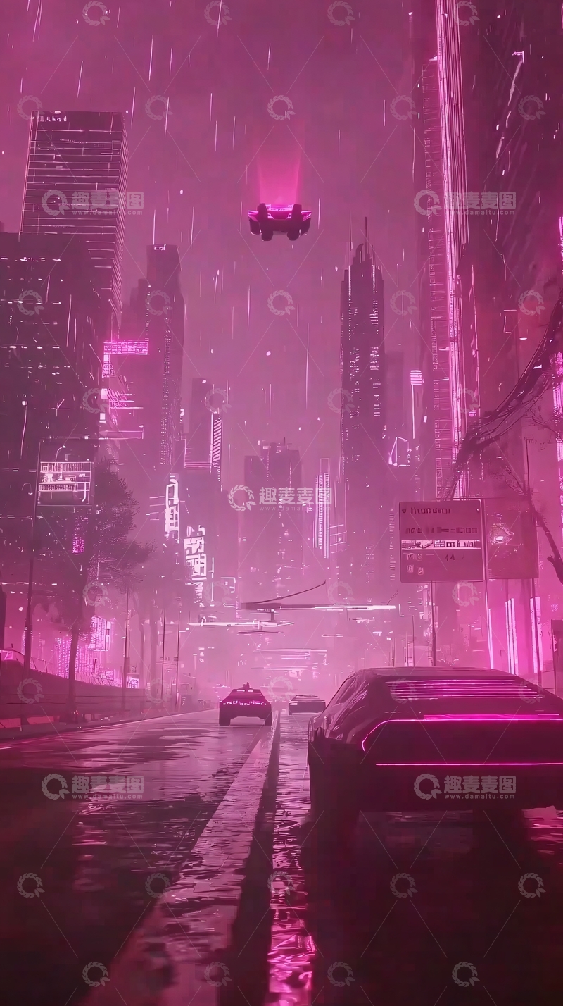 高清大图下载【趣麦麦图】粉色赛博朋克雨夜城市