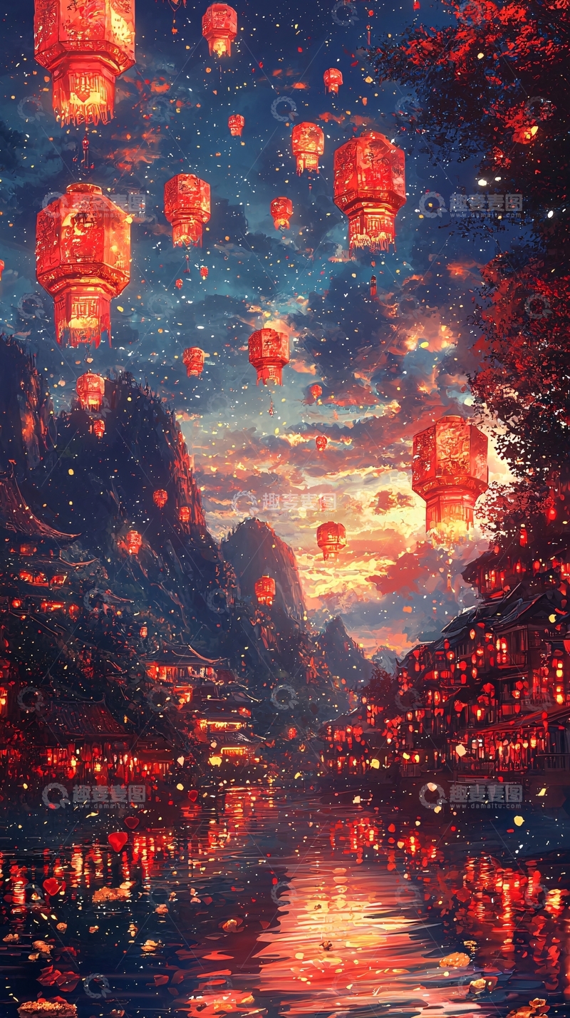 高清大图下载【趣麦麦图】红灯笼点亮的古镇夜景
