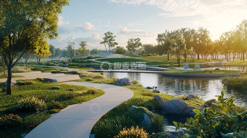 高清大图下载【趣麦麦图】清晨公园小径蜿蜒湖边