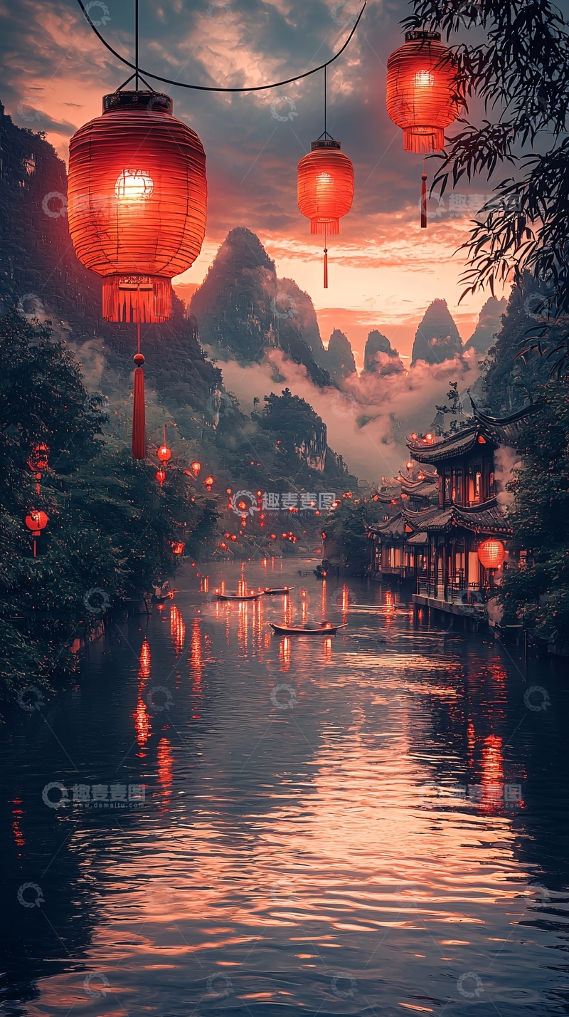 高清大图下载【趣麦麦图】唯美中国风灯笼山水夜景