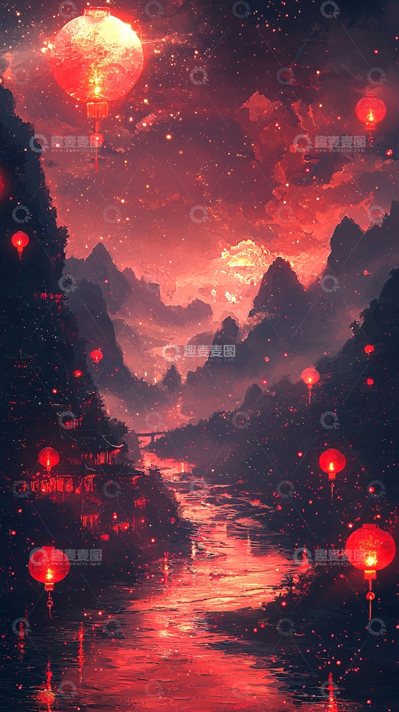 高清大图下载【趣麦麦图】红月山河灯笼夜景