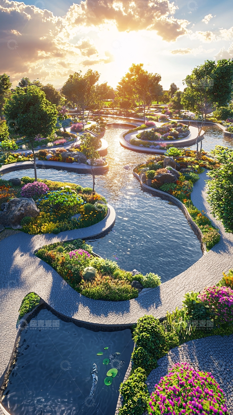 高清大图下载【趣麦麦图】阳光洒落在蜿蜒水景花园