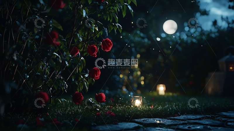 高清大图下载【趣麦麦图】夜晚花园红花
