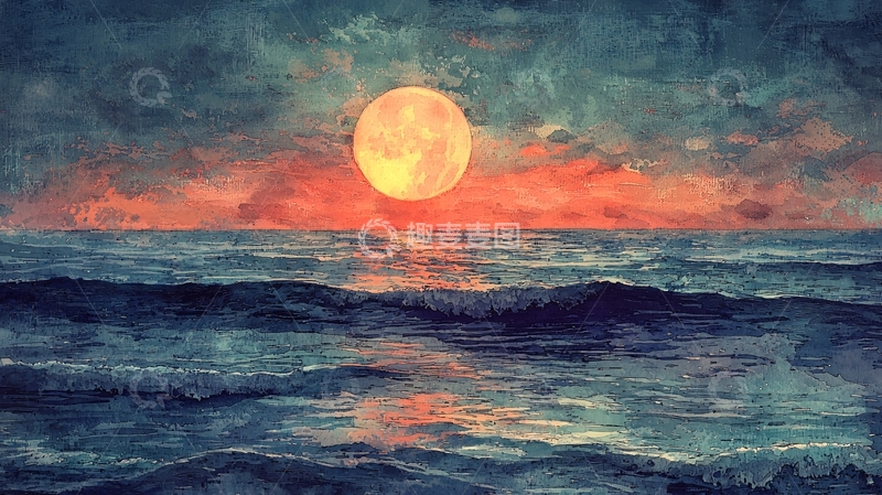 高清大图下载【趣麦麦图】水彩风格海边落日