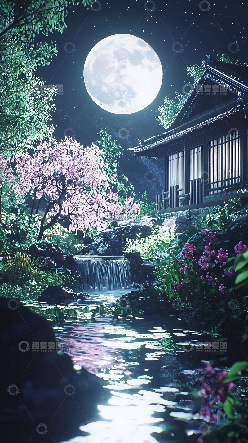 高清大图下载【趣麦麦图】月光下的日式庭院