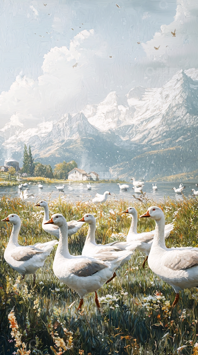 高清大图下载【趣麦麦图】雪山湖边鹅群漫步