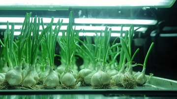 灯光下蒜苗生长