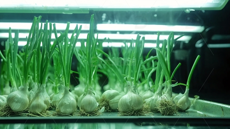 灯光下蒜苗生长