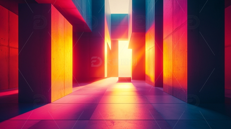 高清大图下载【趣麦麦图】彩色光影下的建筑走廊
