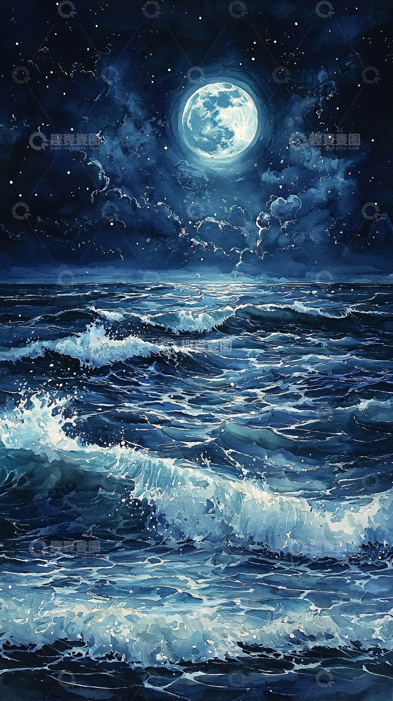 高清大图下载【趣麦麦图】月夜海浪