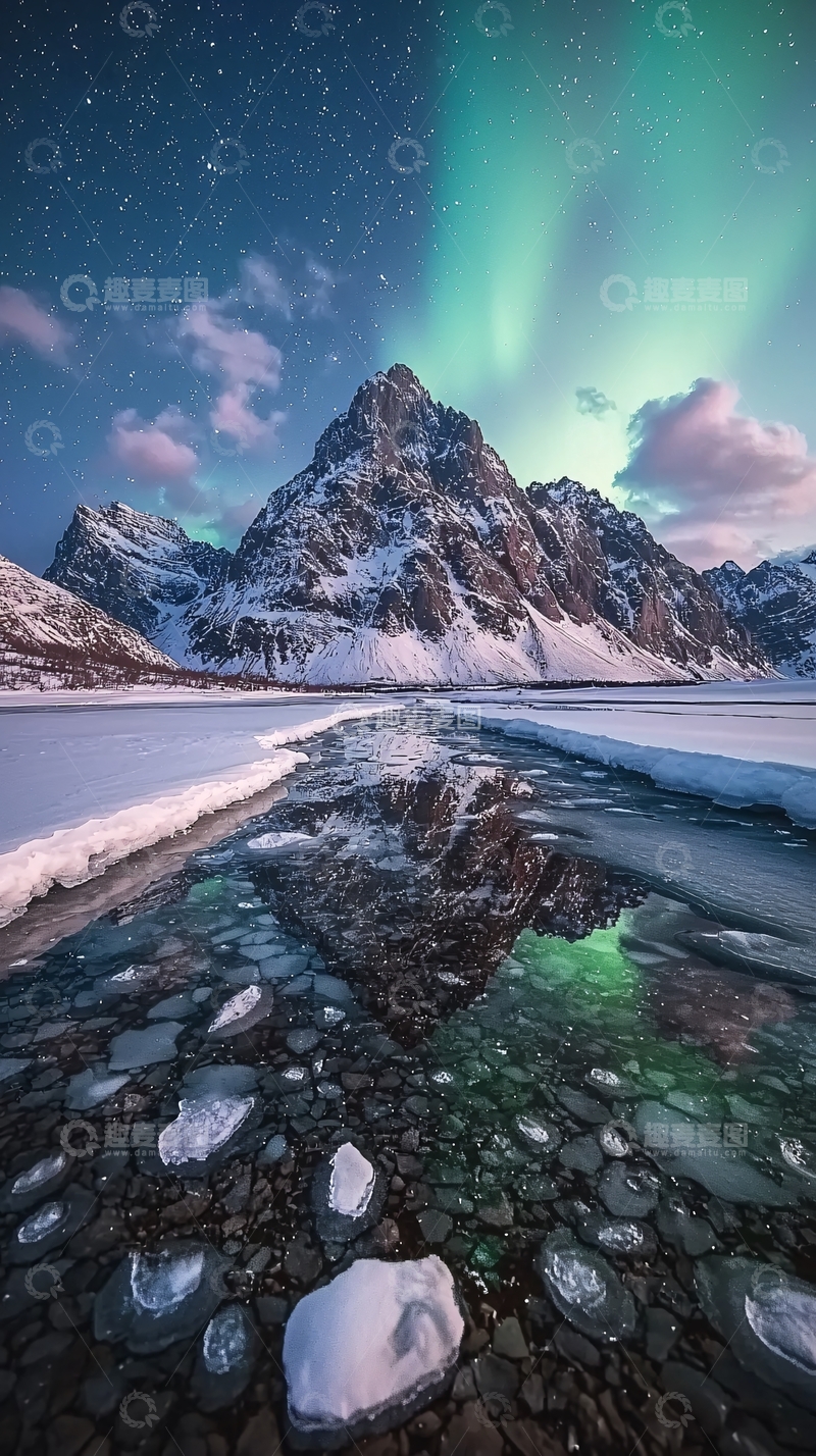 高清大图下载【趣麦麦图】极光雪山冰湖倒影