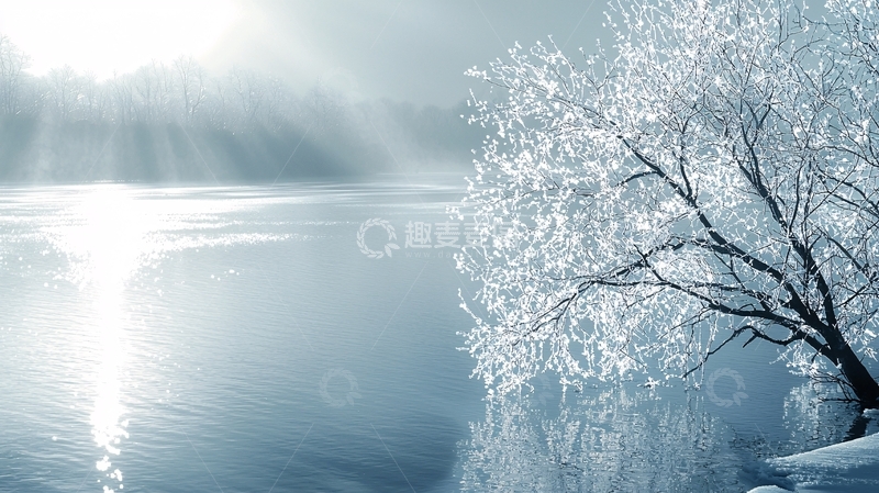 高清大图下载【趣麦麦图】冬日湖畔冰雪树木
