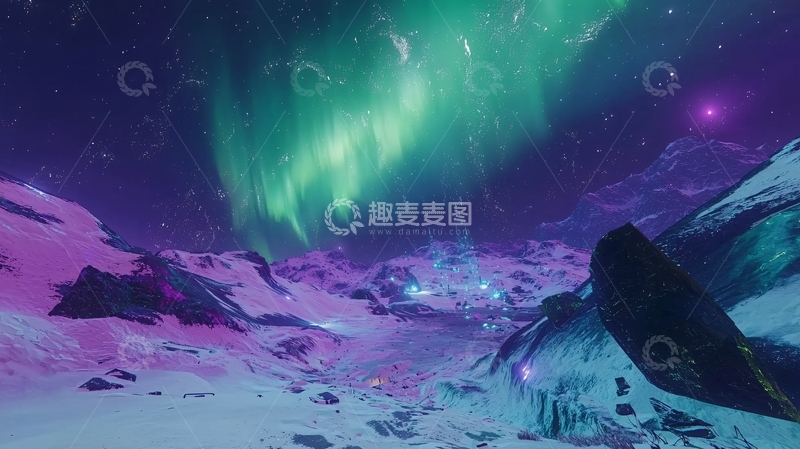 高清大图下载【趣麦麦图】极光下的冰雪星球