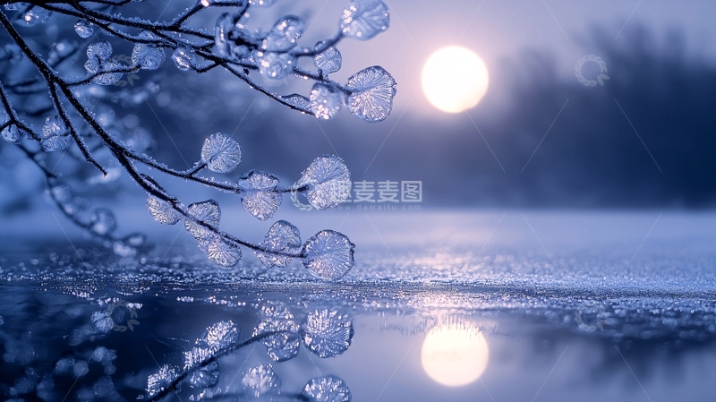 高清大图下载【趣麦麦图】冰雪覆盖的树枝与湖面