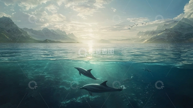 高清大图下载【趣麦麦图】海豚在水下阳光下嬉戏
