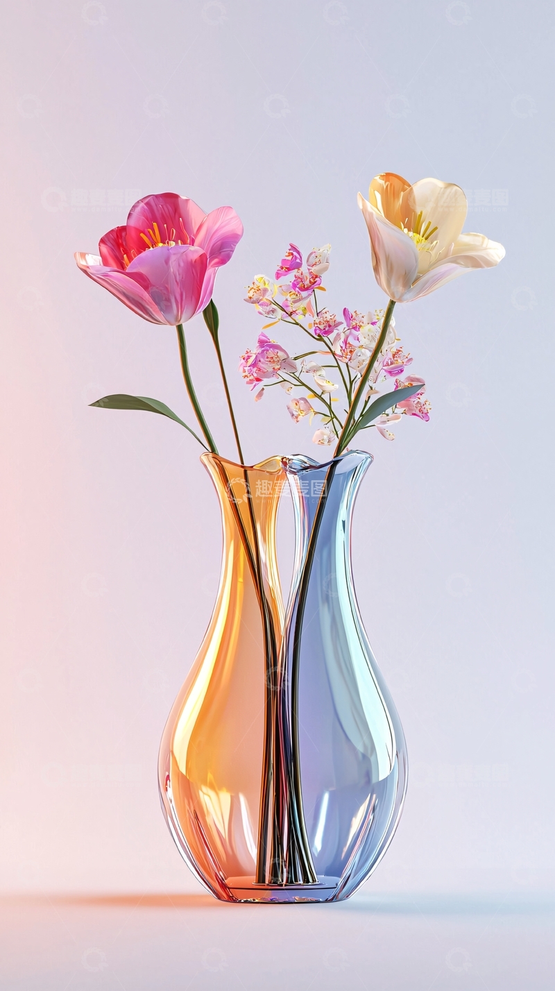 高清大图下载【趣麦麦图】彩色玻璃花瓶插花