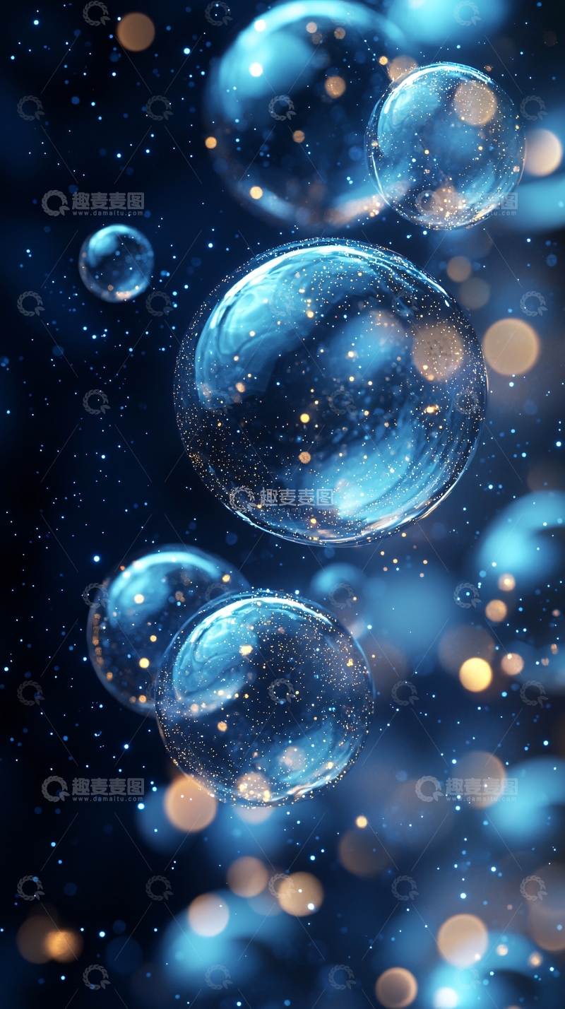 高清大图下载【趣麦麦图】蓝色光晕气泡漂浮在空中