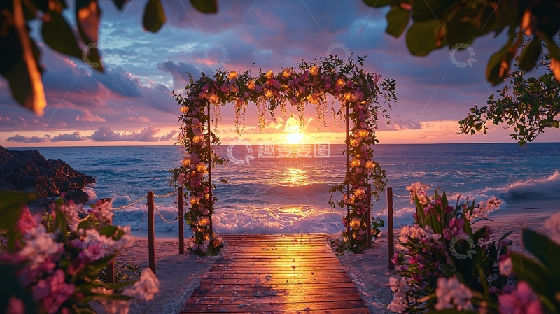 高清大图下载【趣麦麦图】海边婚礼拱门夕阳