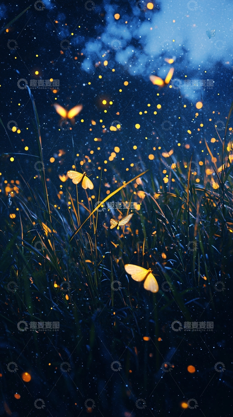 高清大图下载【趣麦麦图】萤火虫与蝴蝶飞舞的夜色