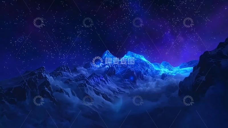 高清大图下载【趣麦麦图】蓝色山脉星空夜景