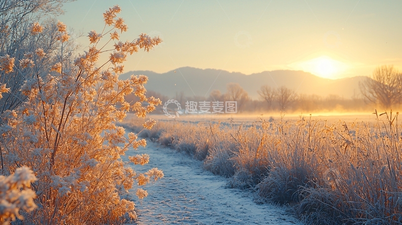 高清大图下载【趣麦麦图】冬日阳光洒在冰霜覆盖的田野