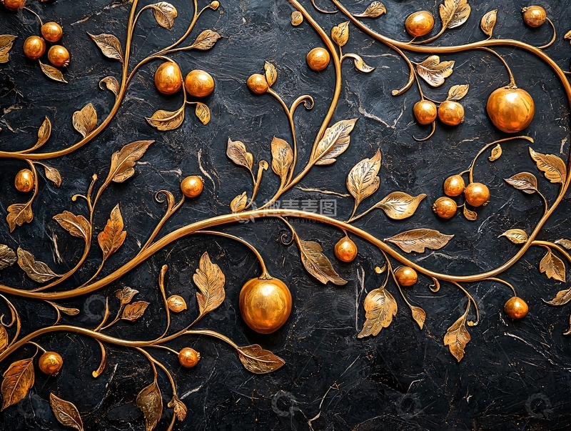 高清大图下载【趣麦麦图】金色水果与藤蔓的纹理背景