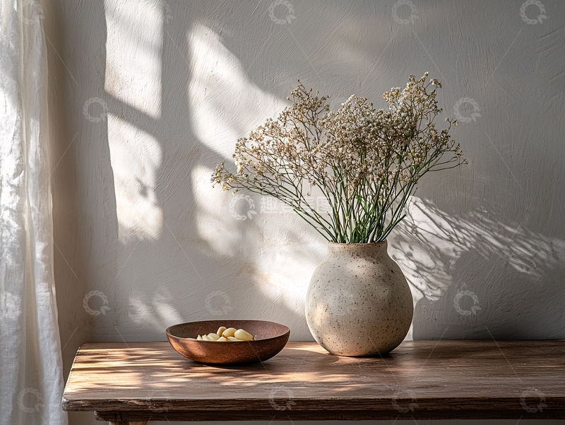 高清大图下载【趣麦麦图】阳光照射下的花瓶和木桌