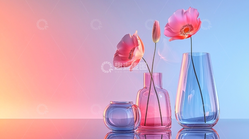 高清大图下载【趣麦麦图】粉色罂粟花玻璃花瓶