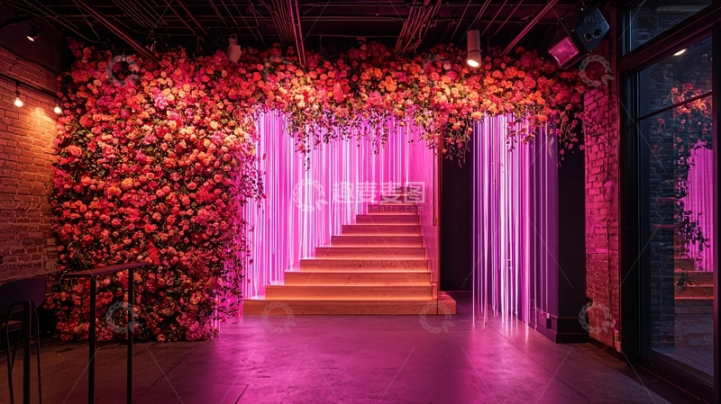 高清大图下载【趣麦麦图】粉色花墙楼梯灯光