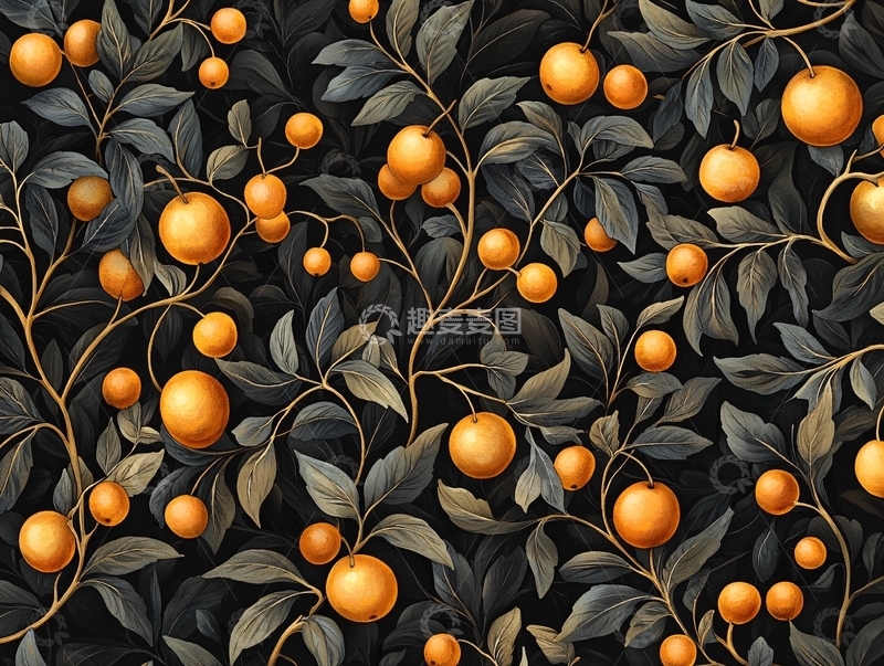 高清大图下载【趣麦麦图】橘子树叶复古图案