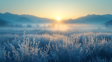 冰霜覆盖的田野日出
