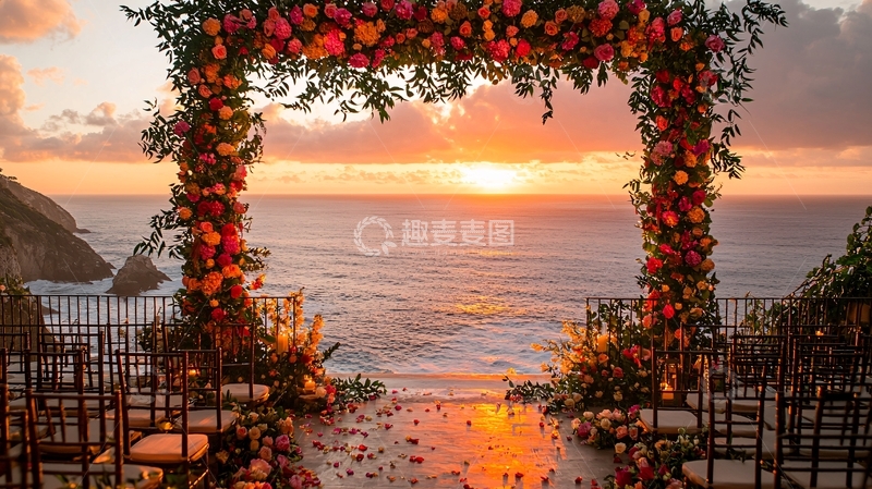 高清大图下载【趣麦麦图】海边婚礼拱门夕阳