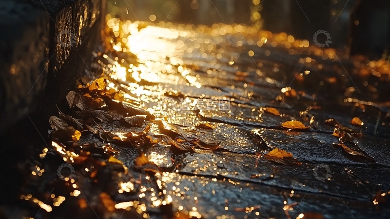 高清大图下载【趣麦麦图】秋日落叶湿漉漉石板路