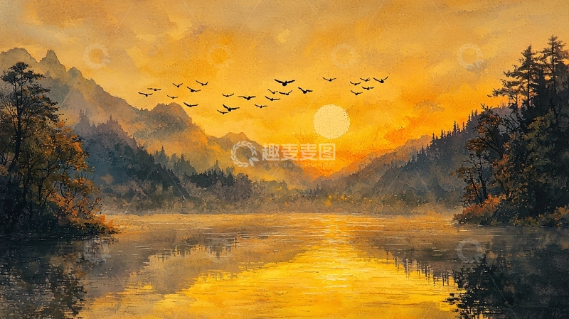 高清大图下载【趣麦麦图】金色湖面山脉飞鸟日落
