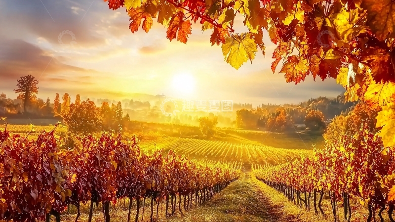 高清大图下载【趣麦麦图】秋日葡萄园日出景色
