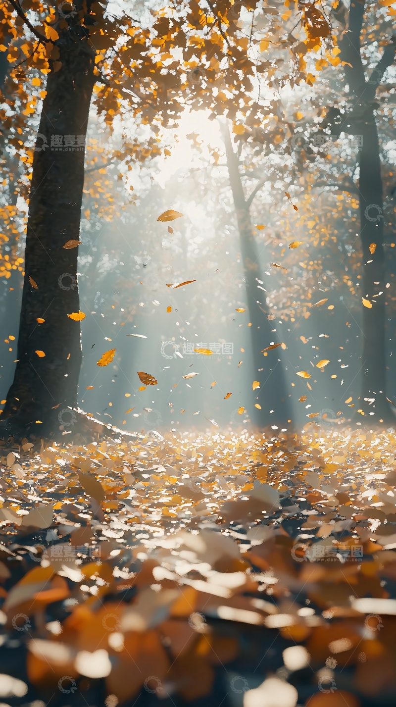 高清大图下载【趣麦麦图】-阳光透过树林落叶纷飞