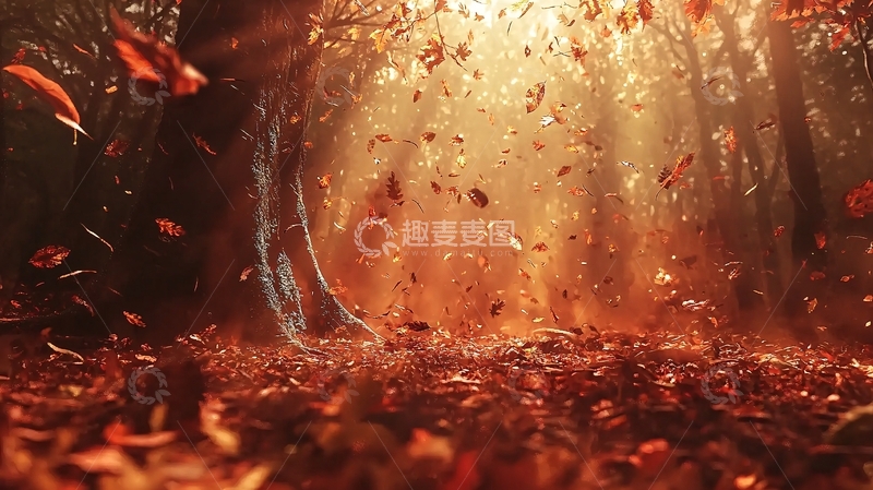 高清大图下载【趣麦麦图】-光线透过树林落叶纷飞