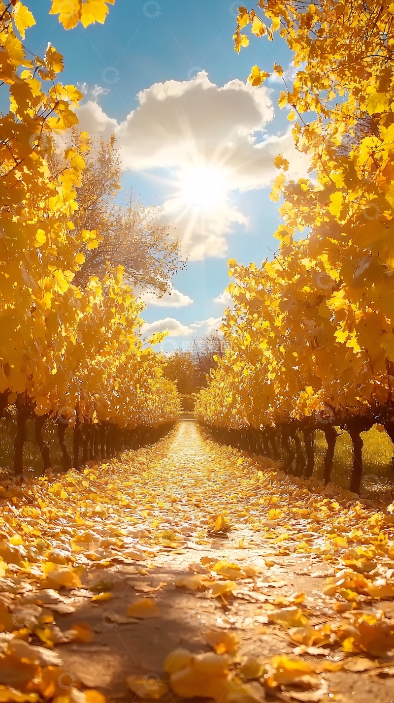高清大图下载【趣麦麦图】秋日阳光下的秋叶小道